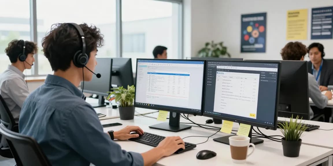 Helpdesk representative assisting clients through ling4d support system in a vibrant office environment.