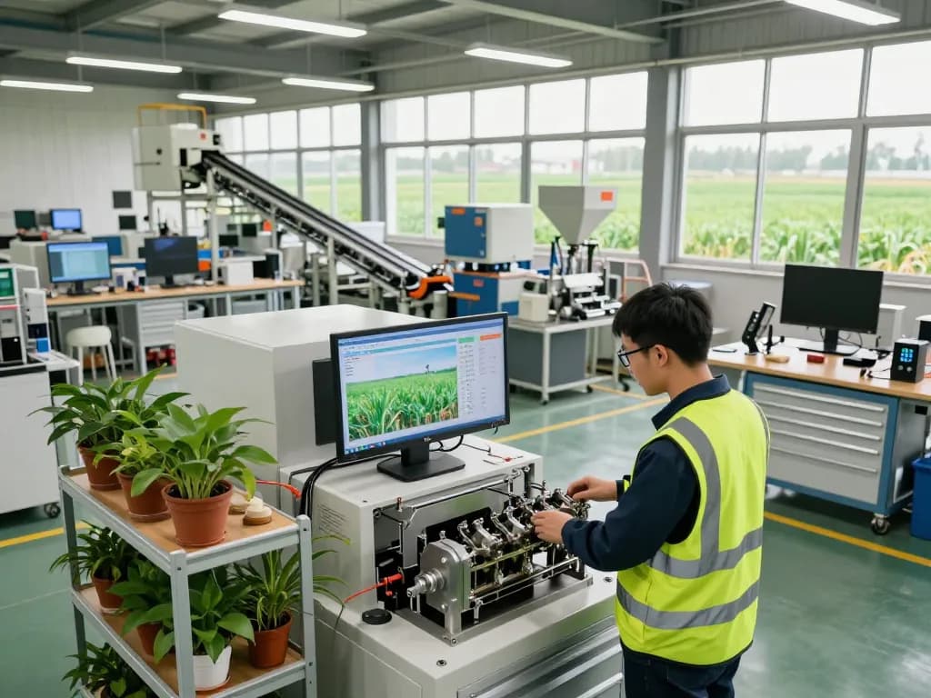 BANDIT69 analyzing advanced agricultural machinery in a modern workshop environment.