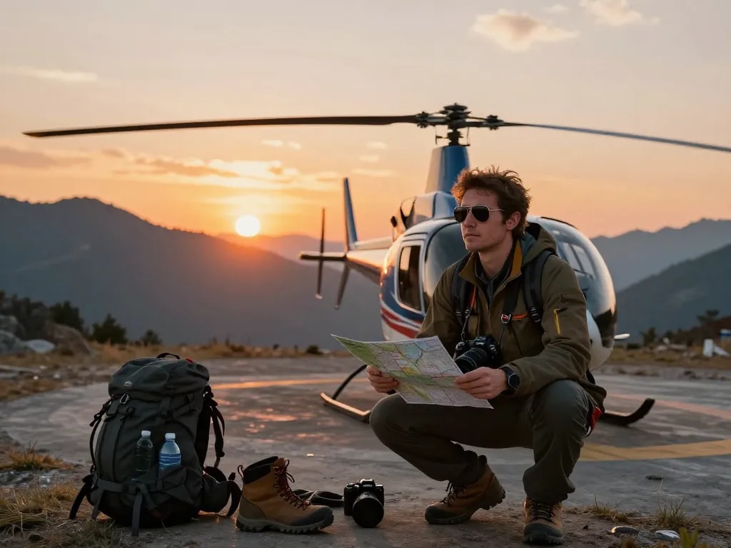 Fly88 adventure enthusiast preparing for a scenic helicopter flight at sunset.
