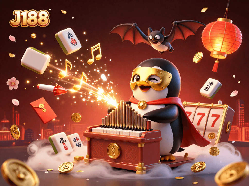 Spin the reels with J188, enjoy golden coins flowing from a whimsical organ in this vibrant casino scene.