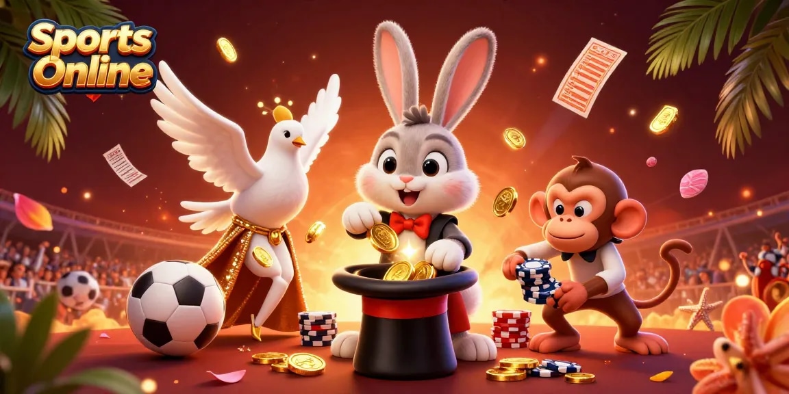 Bet on Sports Online with this vibrant scene featuring a magician rabbit, dove assistant, and playful monkey!