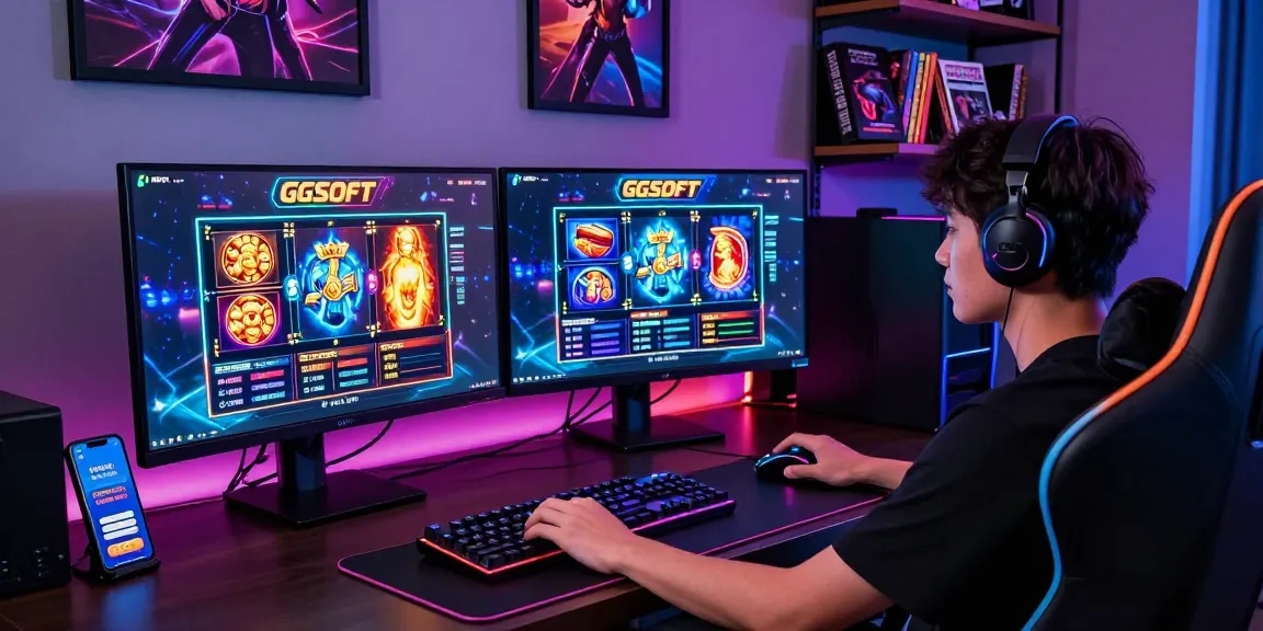 Gamer bermain slot gacor di setup gaming modern dengan grafis menarik dan peralatan canggih.