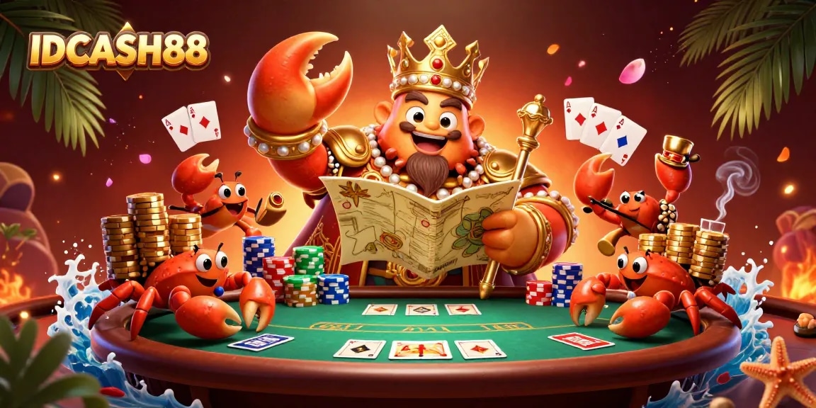 IDCASH88 showcases a vibrant scene with a golden crab emperor at a poker table, symbolizing winning strategies.