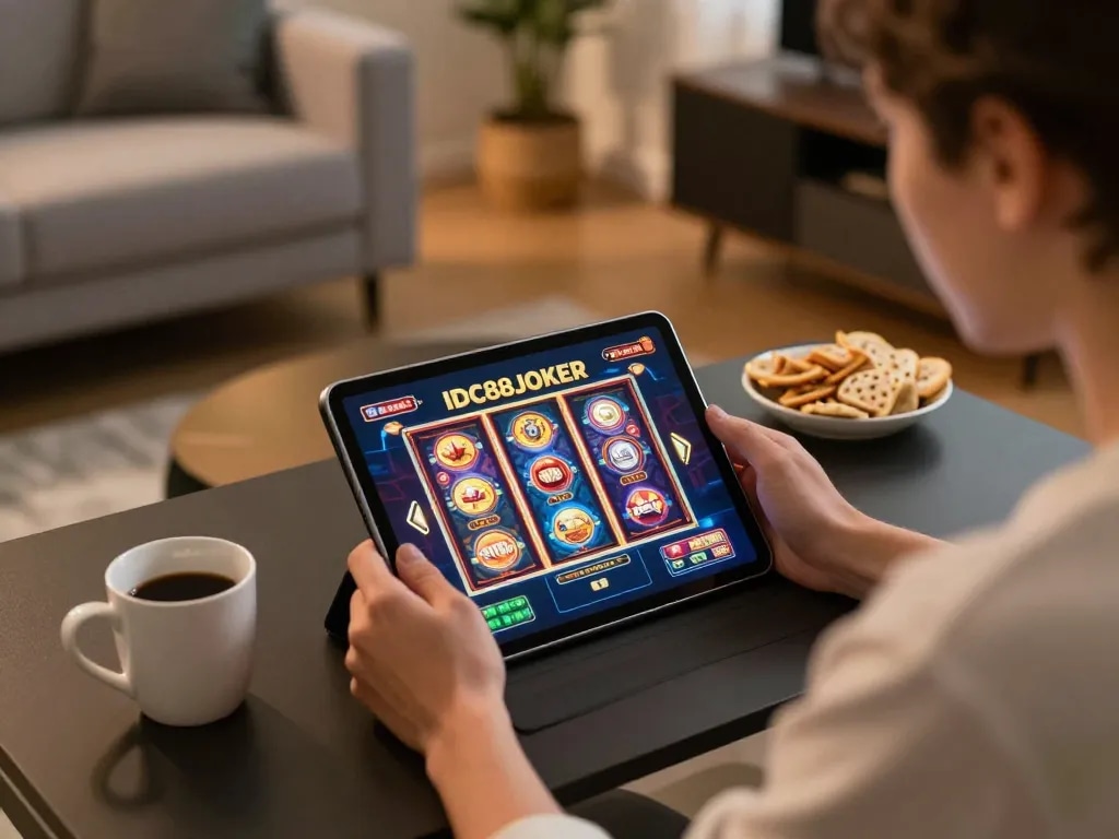 Engaging gameplay on IDC88JOKER slot machines in a cozy home setting