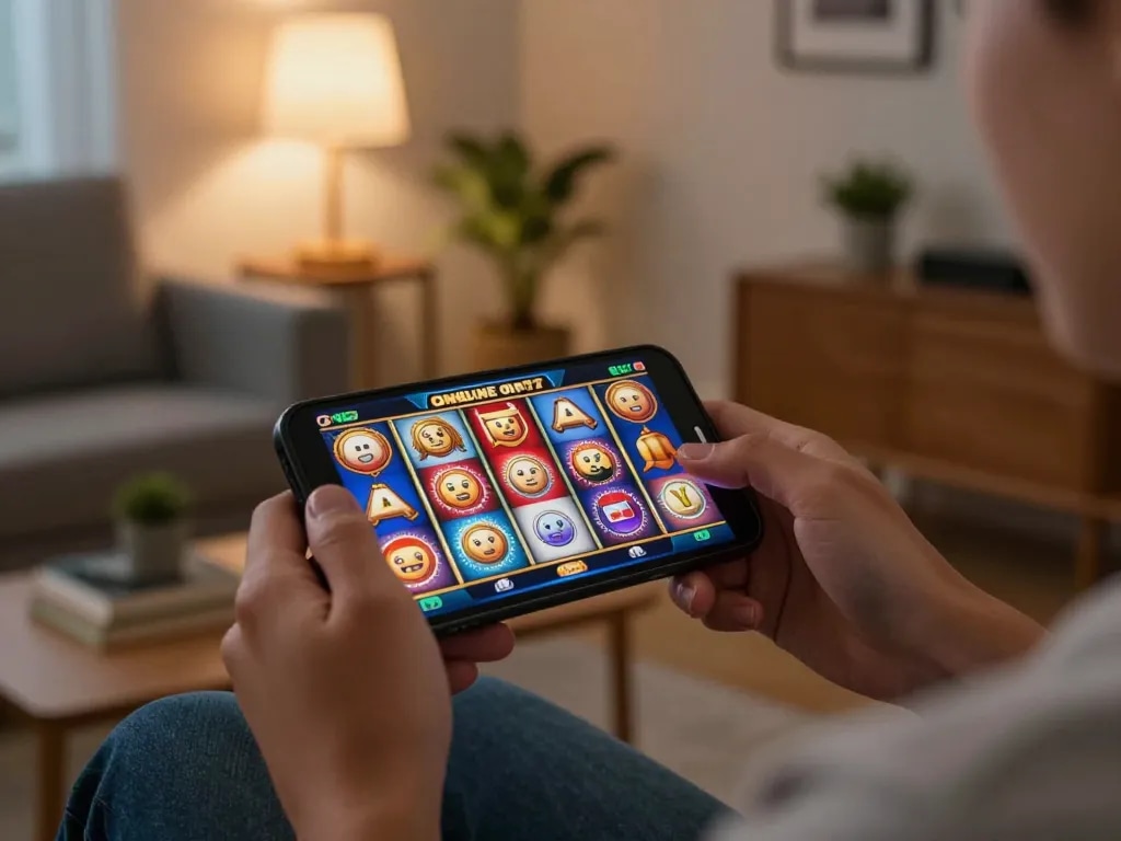 Pemain memutar slot online di smartphone dalam suasana ruang tamu yang nyaman, menekankan permainan interaktif.