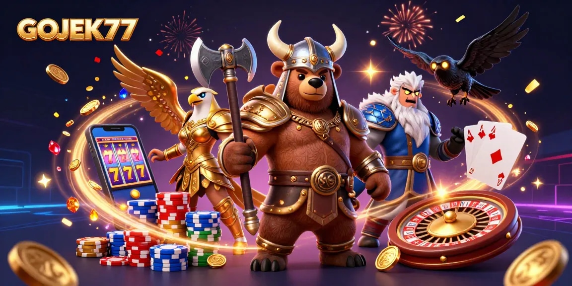 Spin the reels at GOJEK77 with an exciting illustration of slot games and fortune elements.
