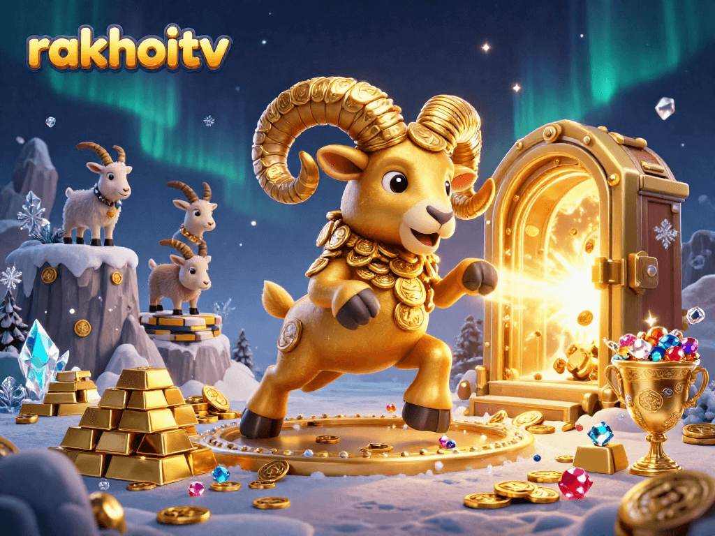 Experience the thrill of rakhoitv gaming with a dynamic 3D cartoon illustration packed with action and gold.