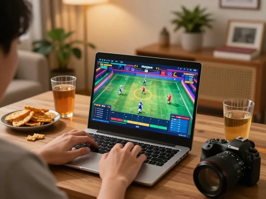 Thưởng thức các trận đá gà thomo HD trên laptop trong một không gian chơi game ấm cúng với đồ ăn nhẹ và đồ uống