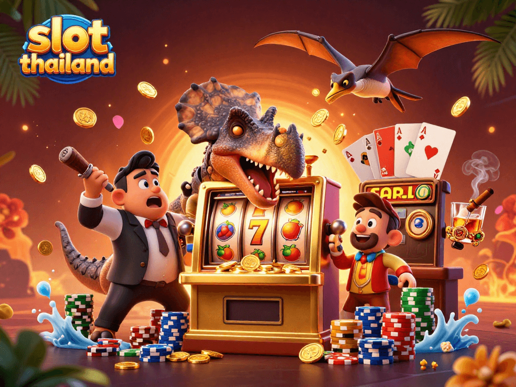 Menghadirkan pengalaman slot thailand, dinosaurus kartun memukul mesin slot emas yang mengeluarkan koin jackpot.