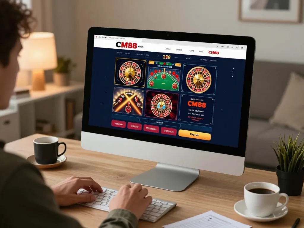 Engaging user placing bets on CM88's online casino platform in a stylish home office setting.