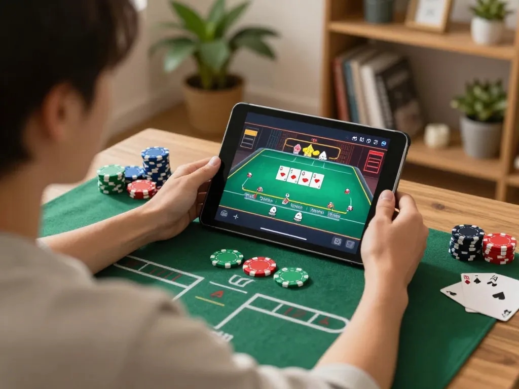 A player enjoying online gambling on ta88 with colorful poker chips in a cozy home setting.