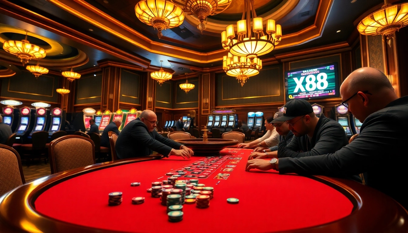 Players engage in high-stakes poker at an upscale casino table, highlighting the excitement of XX88.