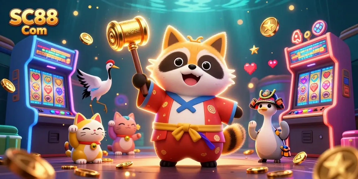 Engage with SC88 Com's vibrant casino scene featuring a cheerful tanuki and lucky symbols.
