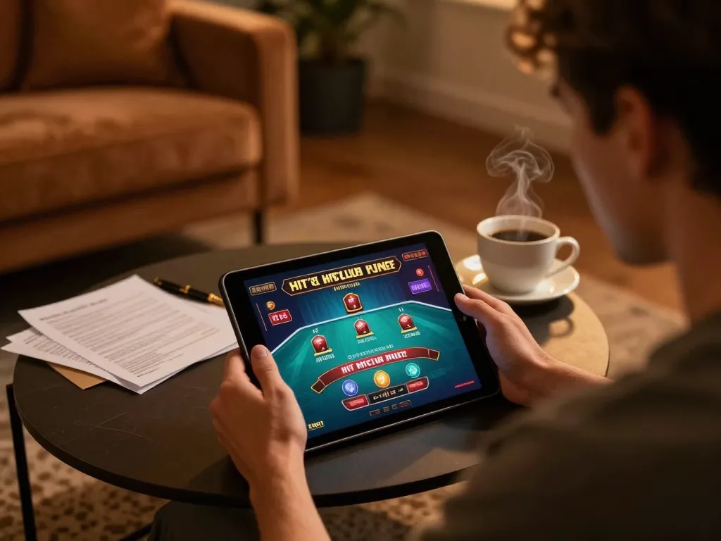 Player engaging in a lively online casino game on Hitclub tablet, showcasing responsible gaming.