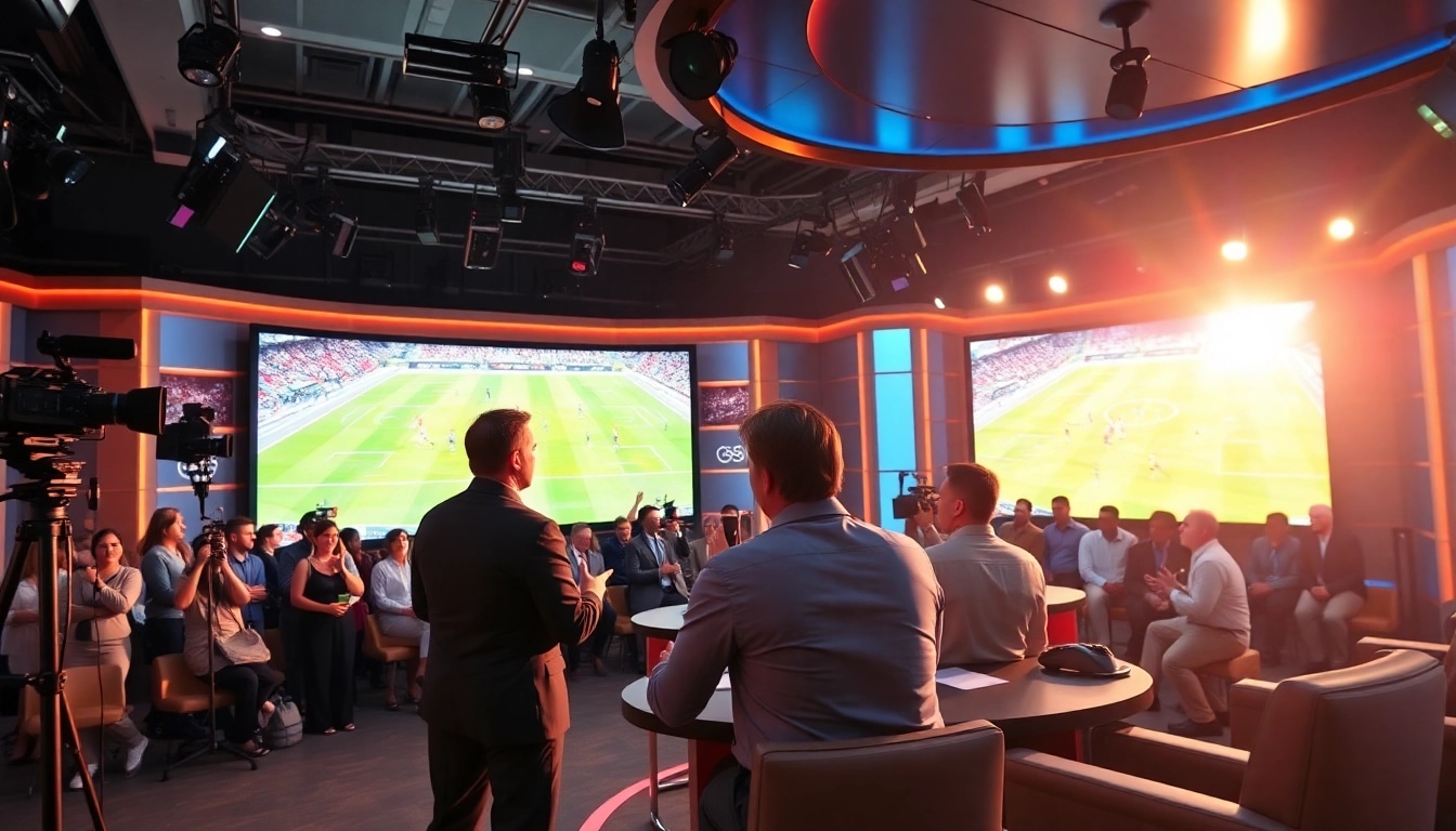 Sports Broadcasting hosts energetically discussing live events in a vibrant studio setting.
