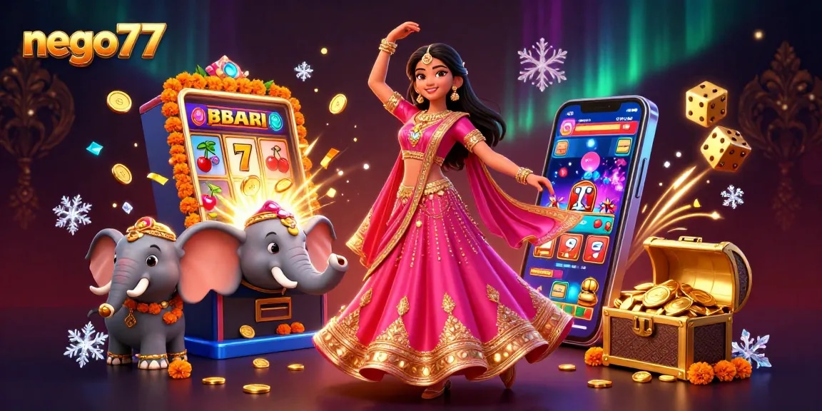 Play exciting casino games with nego77 and win big rewards in a vibrant 3D illustration.