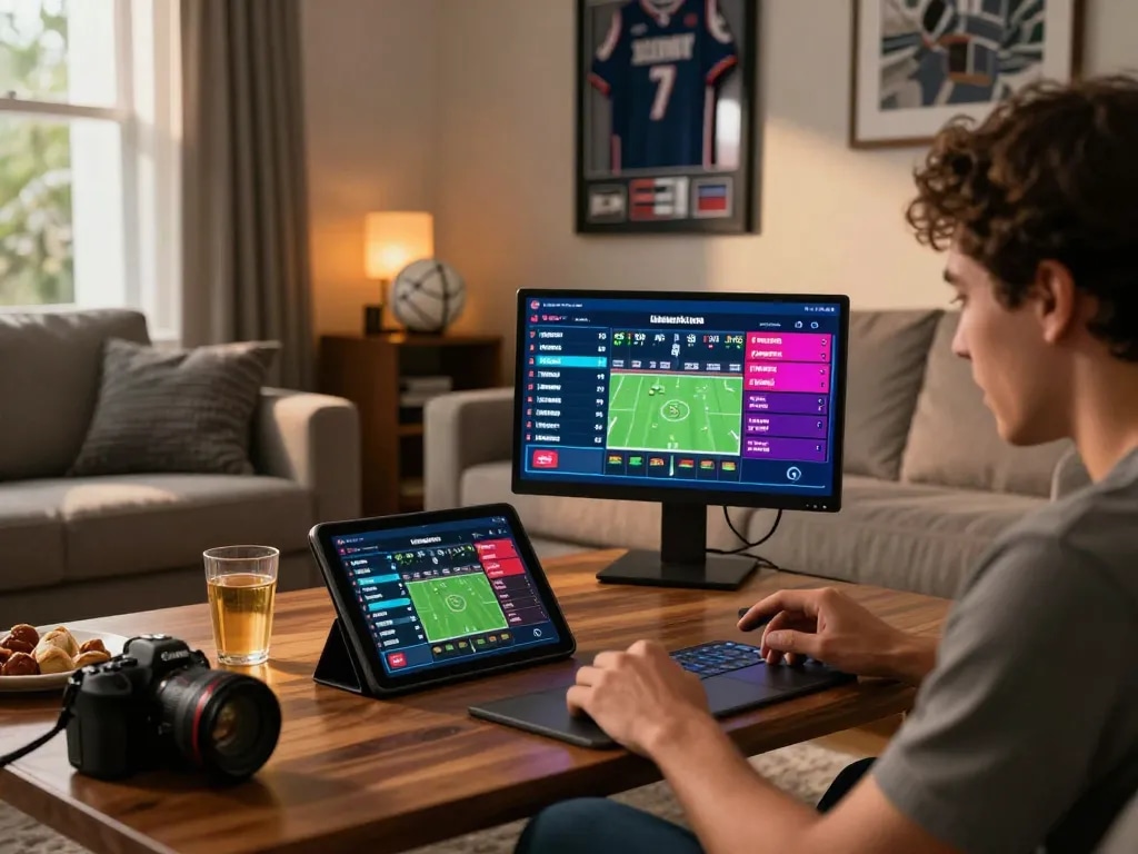 Engaging in kèo nhà cái sports betting online with an interactive tablet interface and cozy home atmosphere.