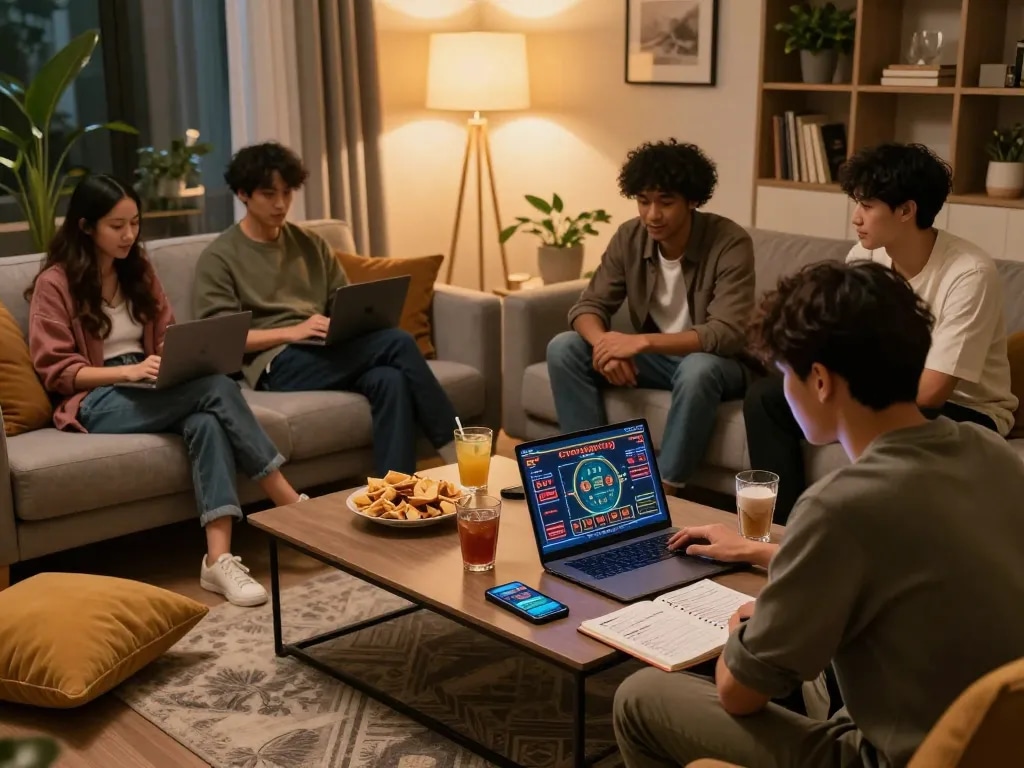 Enjoying togel online with friends during a home gaming night, showcasing dynamic gameplay and cozy atmosphere.