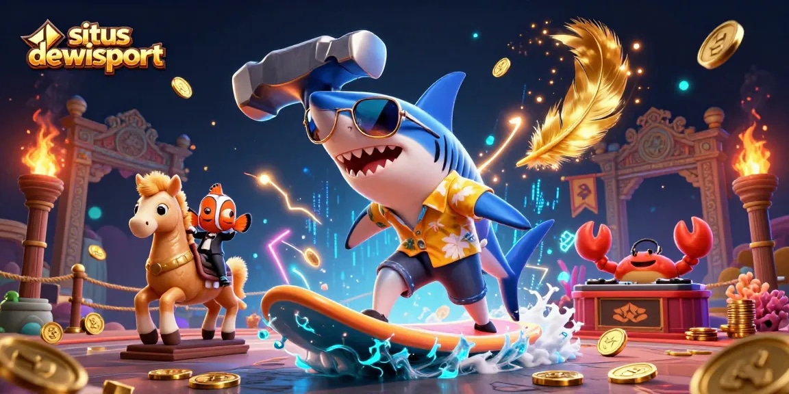 Experience the excitement of situs dewisport with a vivid 3D scene of gaming characters and elements.