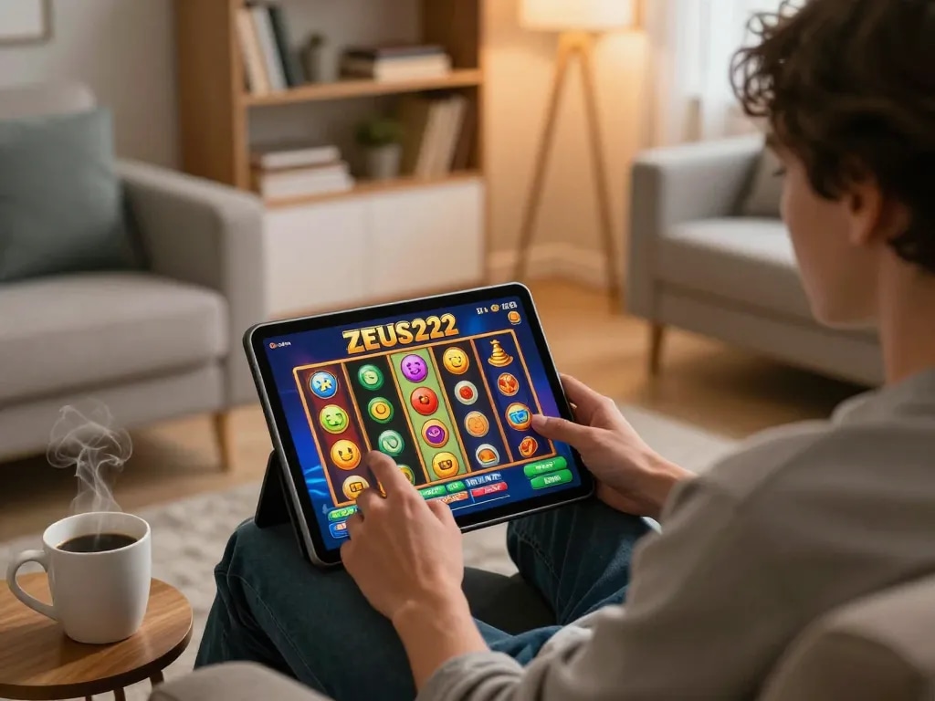 Person immersed in ZEUS222 online slot game on tablet, showcasing engaging gaming experience in a cozy setting