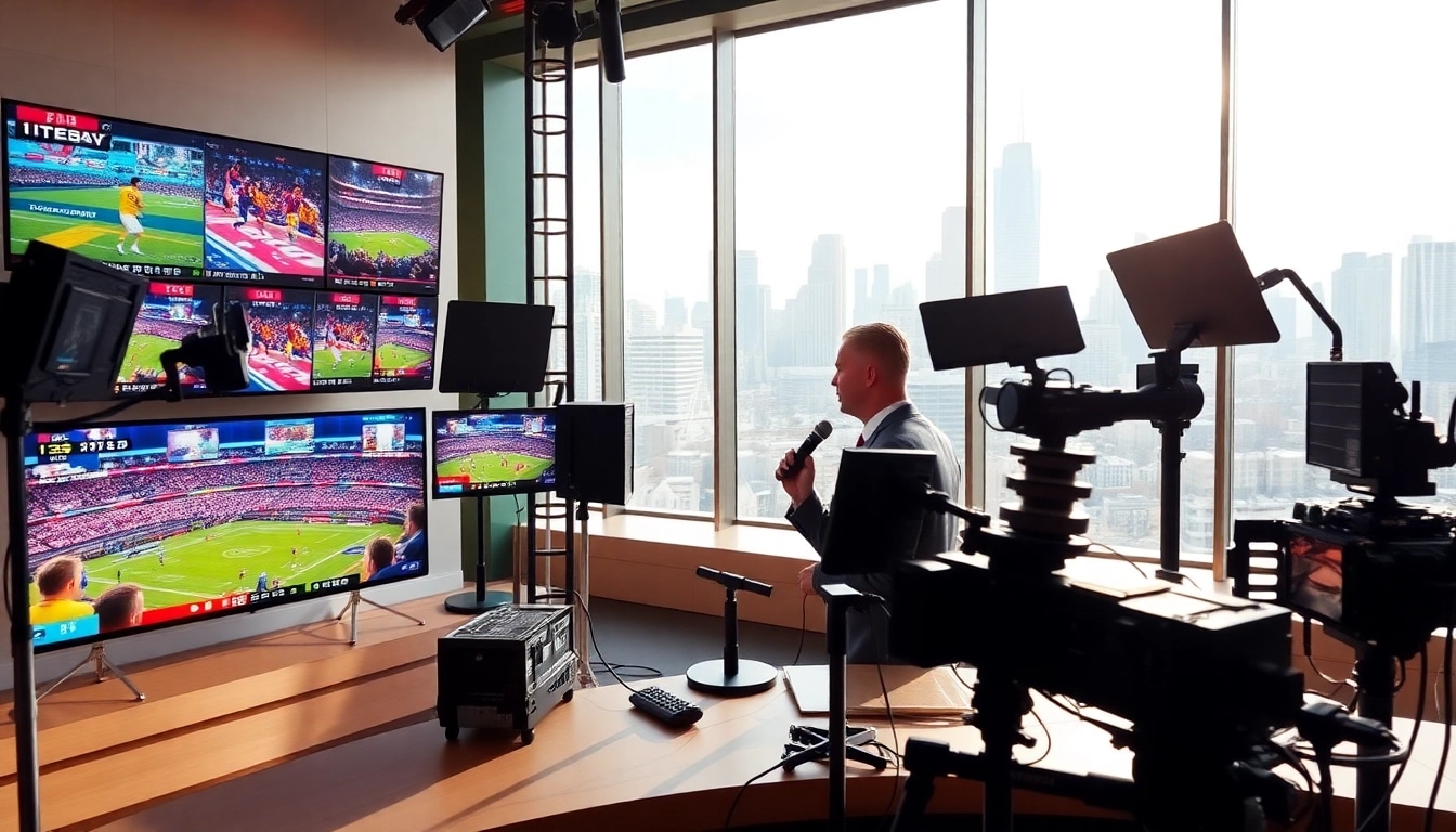 Engaging sports broadcasting scene with an anchor in a vibrant studio setting.
