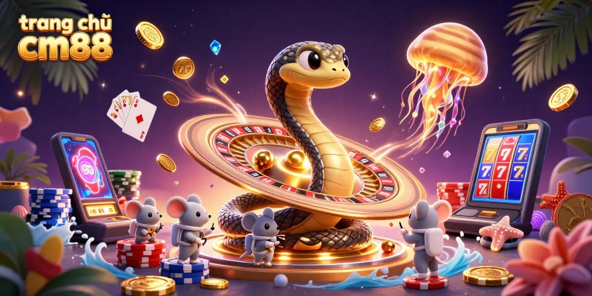 Spin and bet at the vibrant trang chủ cm88, featuring unique 3D casino elements in a dynamic scene.