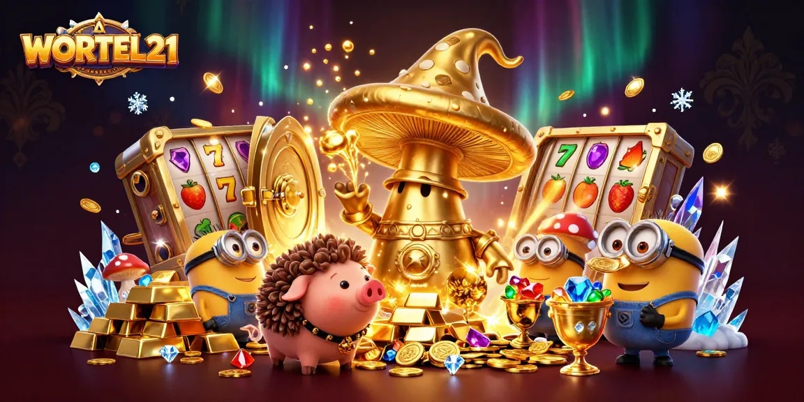 Play exciting slots with WORTEL21 in a vibrant 3D treasure-filled scene.
