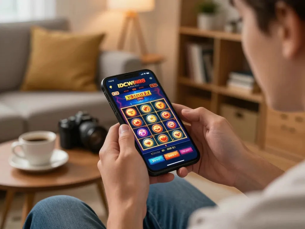 IDCWIN88 player engages with vibrant casino game on smartphone, showcasing online gambling excitement.