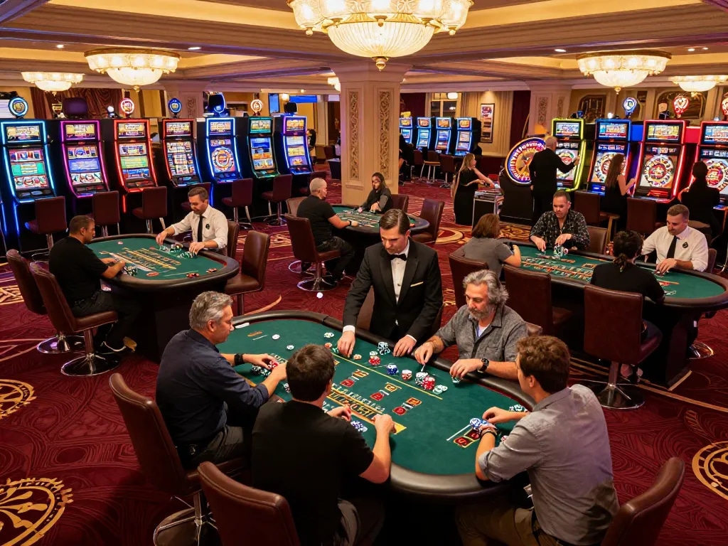 Exciting blackjack gameplay at SHBET800's luxurious casino floor, showcasing players and dealers in action.