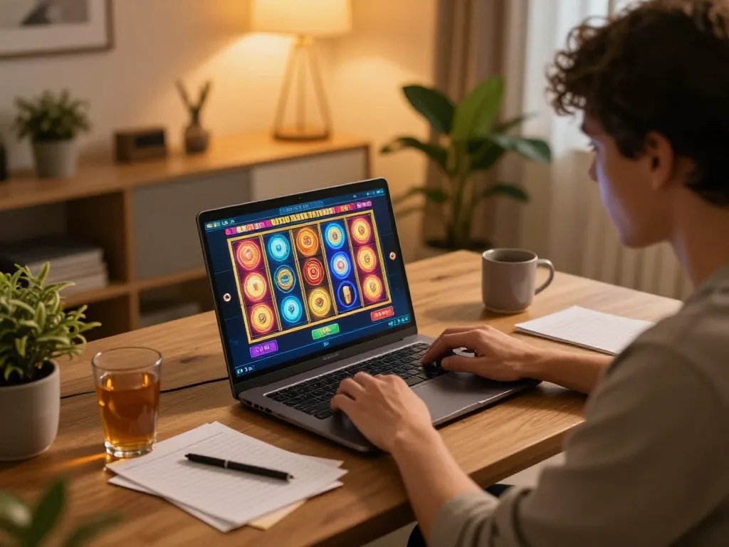 Sit at home gaming on situs slot gacor with a laptop displaying colorful slots and strategy notes.