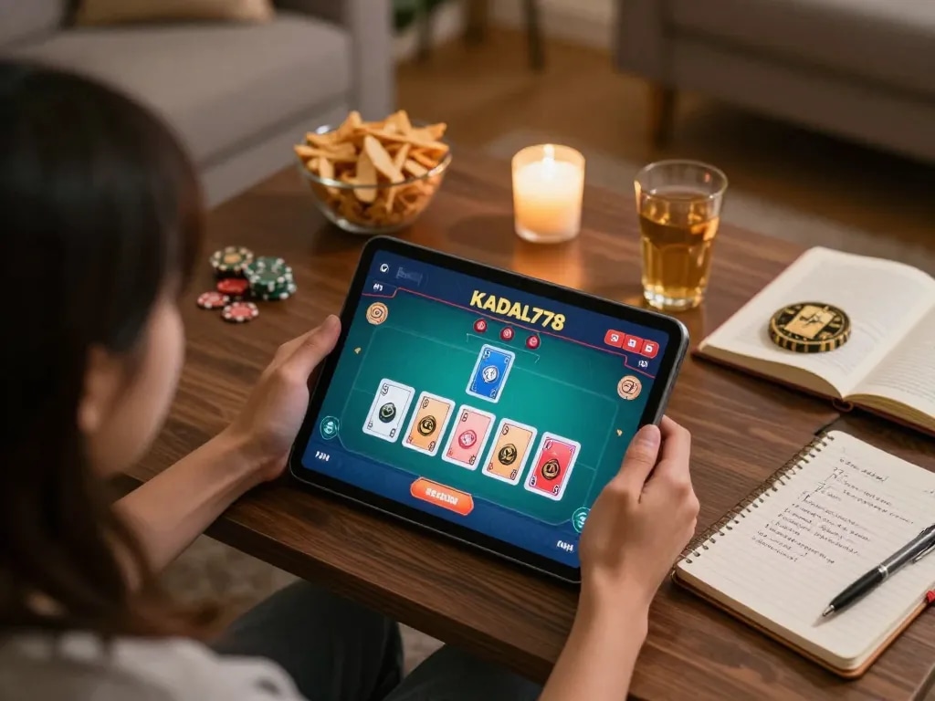 KADAL778 gameplay on tablet showing interactive poker strategy in a cozy home setting.