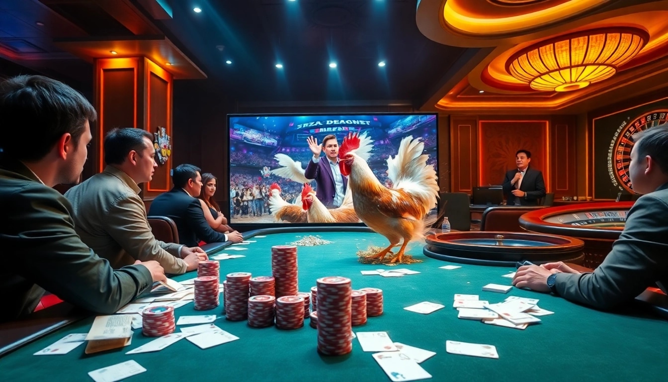 Watch thrilling đá gà trực tiếp in a vibrant casino setting with dynamic betting action.