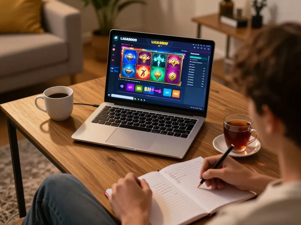 LIGA2000 online gaming setup showcases engaging gameplay with vibrant slot visuals and strategy notes.