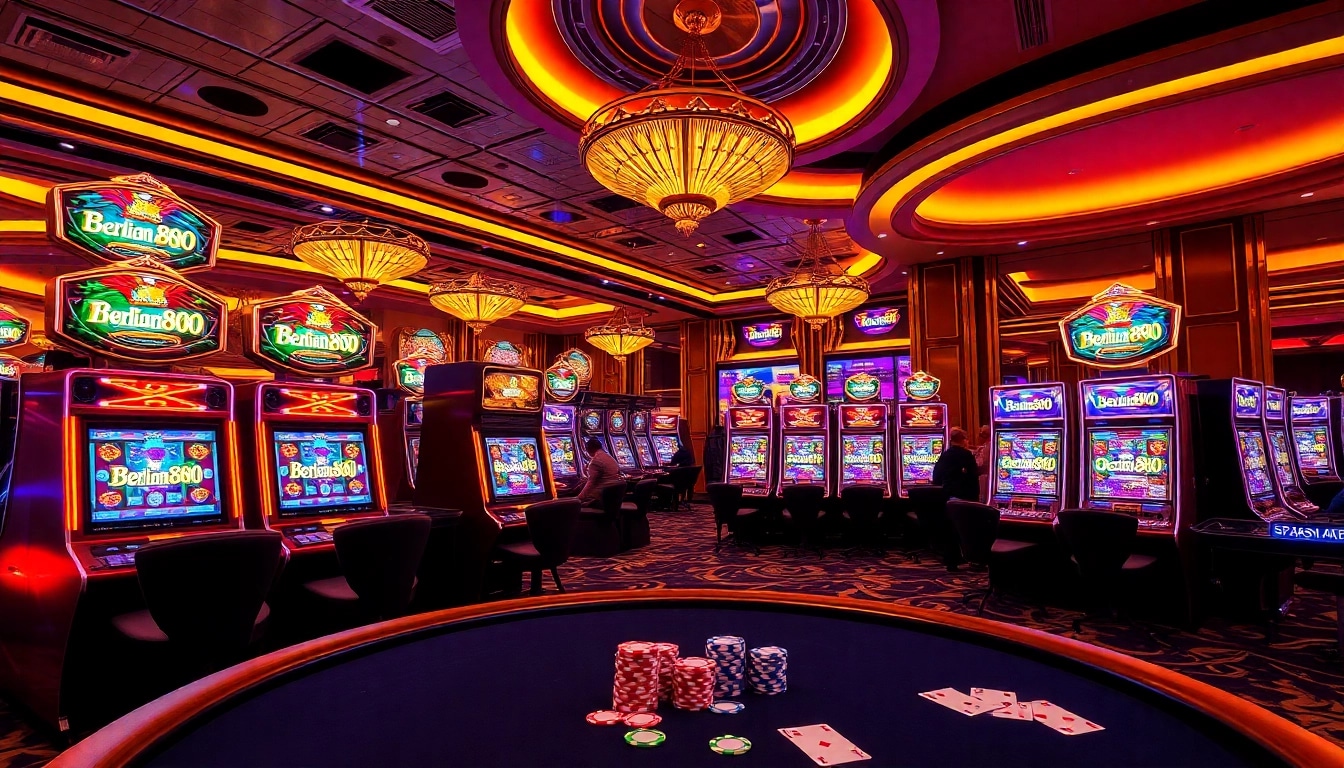 Experience the thrill of Berlian888 as players engage at glamorous slot machines in a vibrant casino setting.