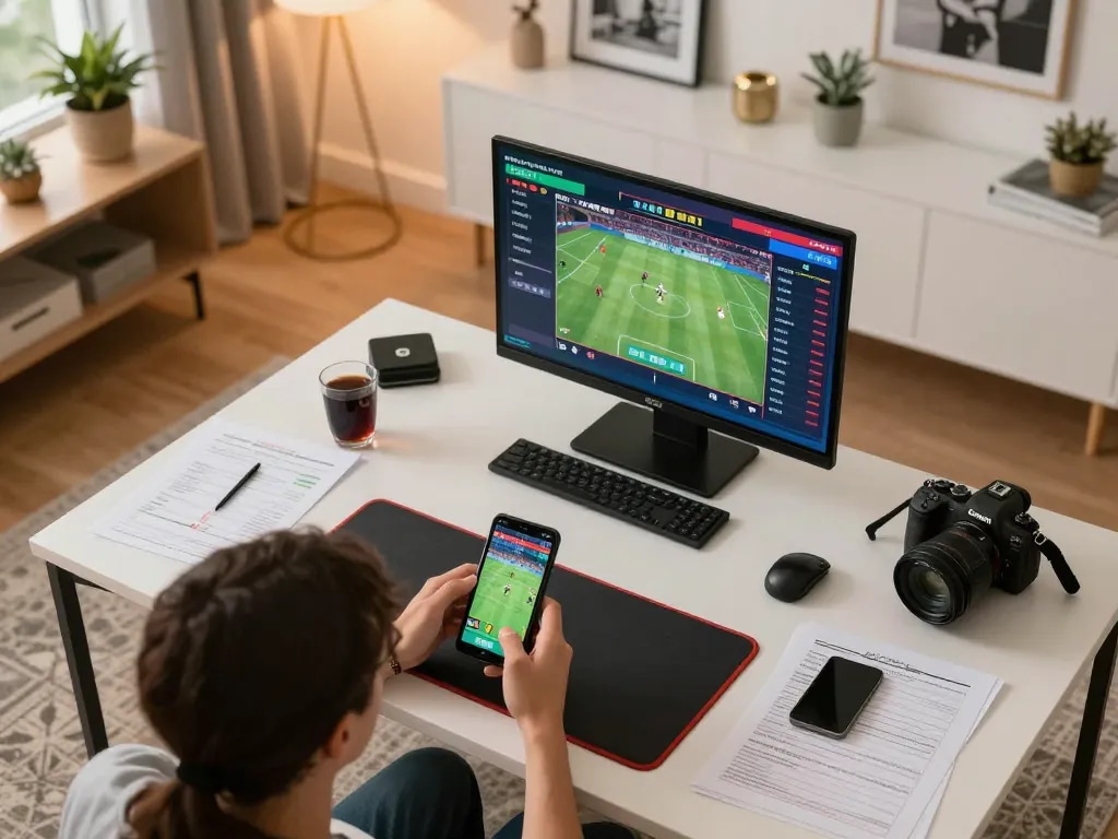 Go99 sports betting setup with player engaged in mobile app, surrounded by betting notes and screens.
