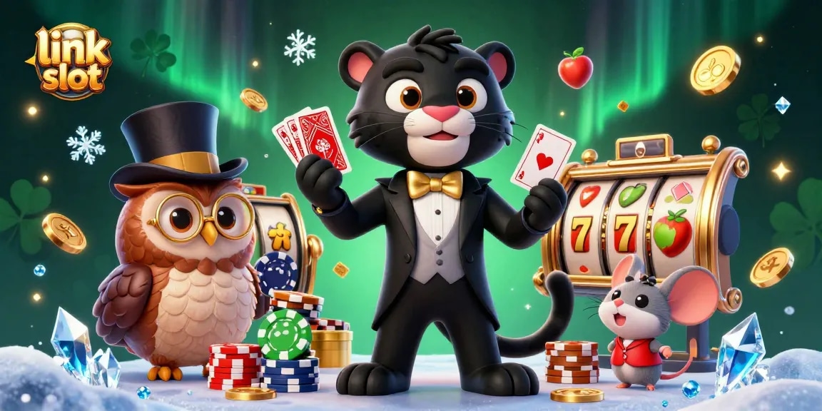 Engage with link slot action featuring vibrant characters dealing cards amid colorful casino elements.