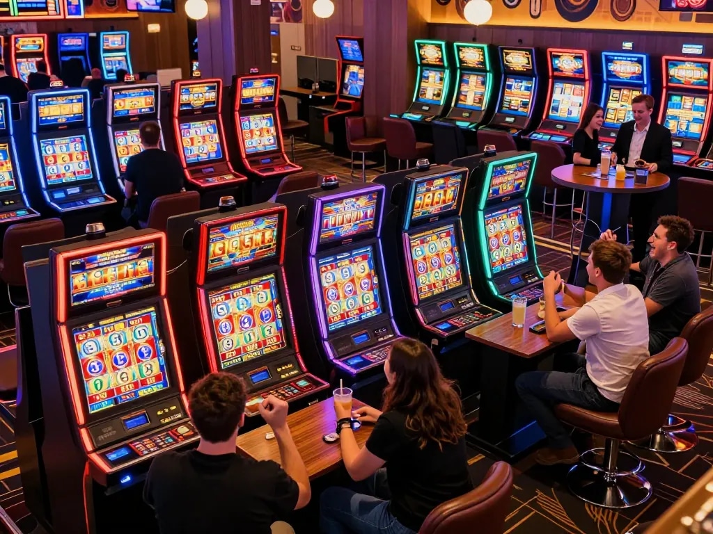 Engaged players celebrate a win on IDC88JOKER slot machines, showcasing excitement and delight in a vibrant casino atmosphere.