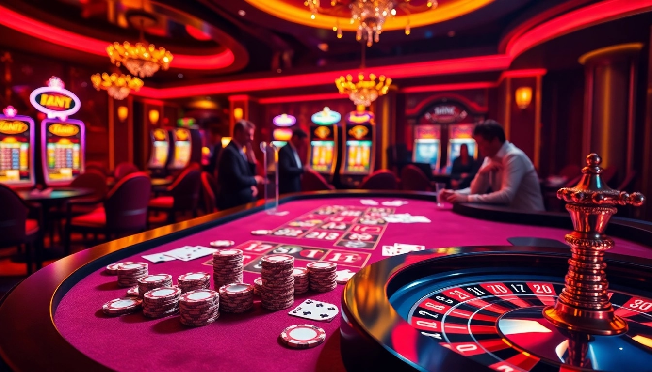 Sparkling casino experience at https://sao789.icu/ showcasing players betting on cards and a roulette wheel.