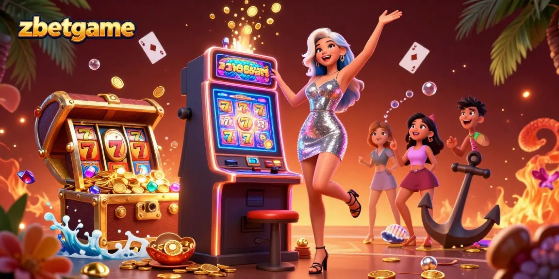 Play and win at zbetgame with a stunning display of slot machines, vibrant casino elements, and celebration.