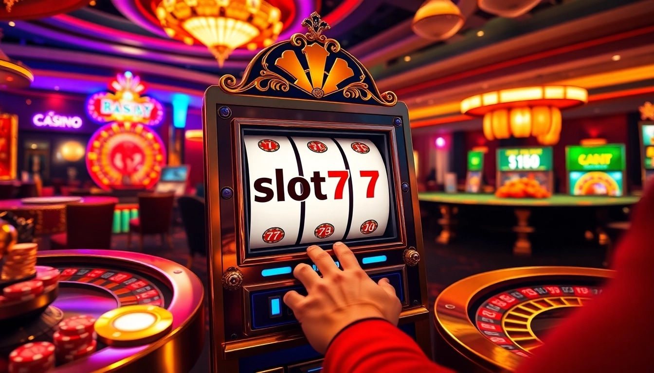 Engage in the thrilling slot777 login experience with vibrant casino elements and a player at a luxury slot machine.
