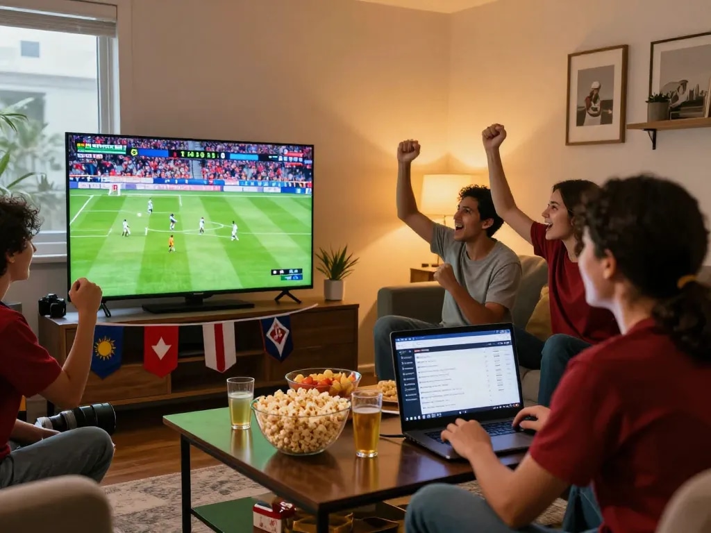 Exciting scene of friends watching Cà Khịa live football match, celebrating goals in a lively living room.