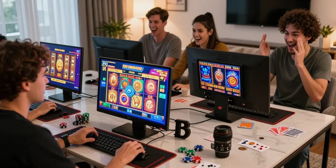 Pengalaman bermain slot depo 10k dengan para pemain antusias dikelilingi suasana yang ceria dan perangkat modern.