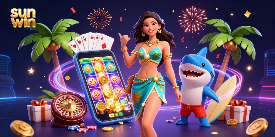 Win big with sun win in this vibrant casino-themed 3D digital illustration featuring exciting game elements.