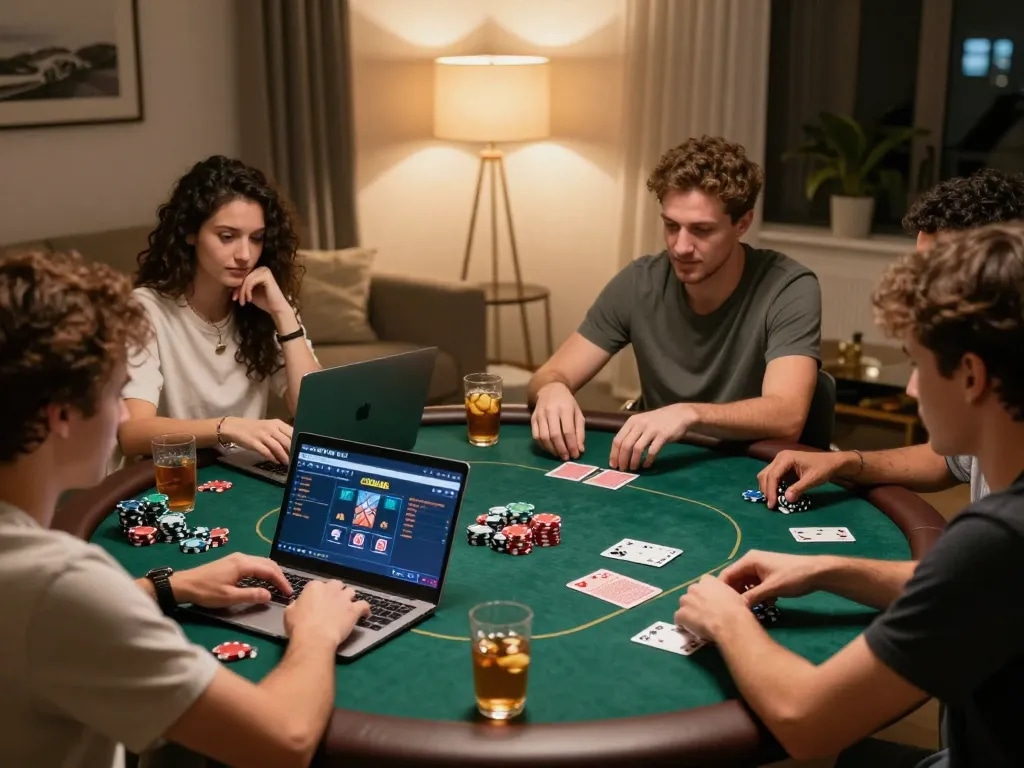 Friends enjoying online poker at home using UGDEWA platform, chips and cards on display.
