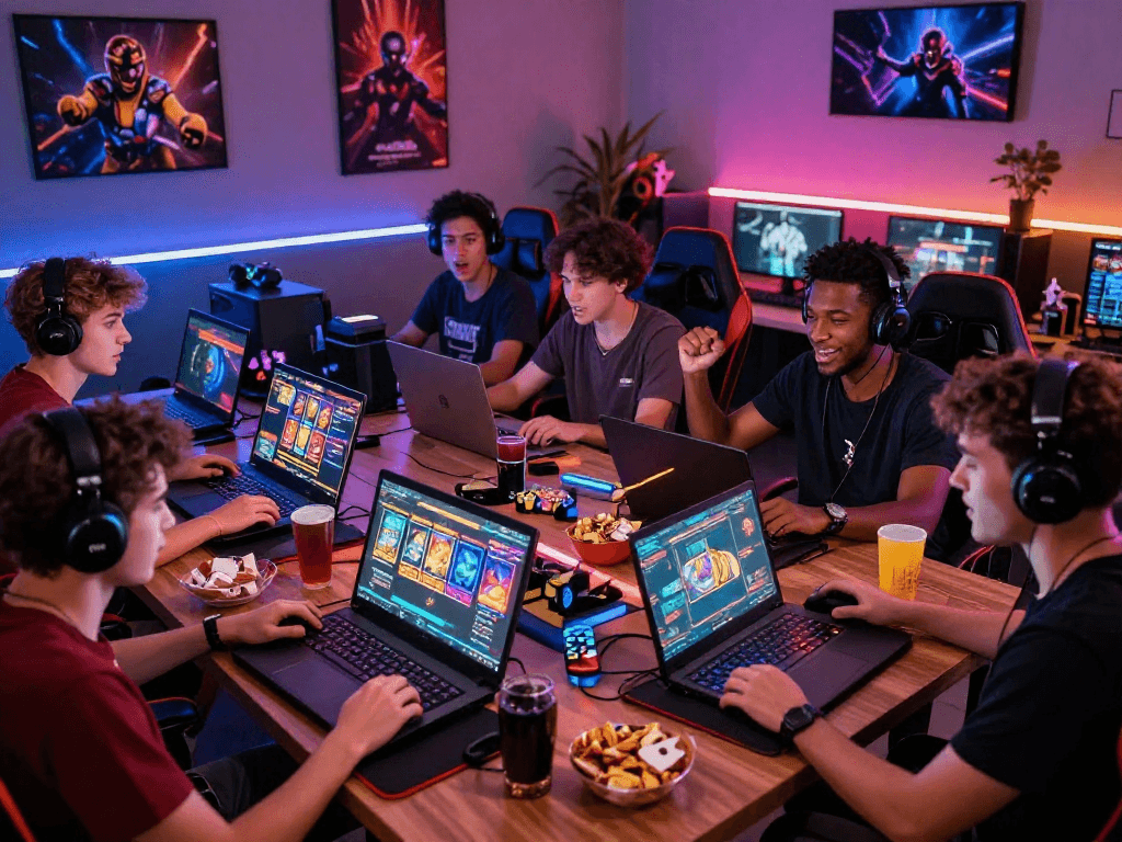 Engaging group of players enjoying slot resmi games in a vibrant gaming room with immersive graphics