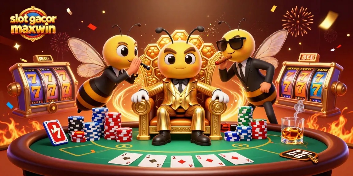 Mengguncang mesin slot gacor maxwin dengan bumblebee bos mob dan para bodyguard, menampilkan simbol slot di atas meja judi.