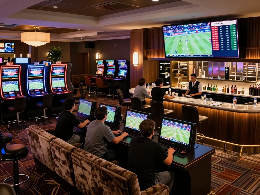 CM88 patrons engaging in strategic sports betting at a modern lounge with vibrant displays