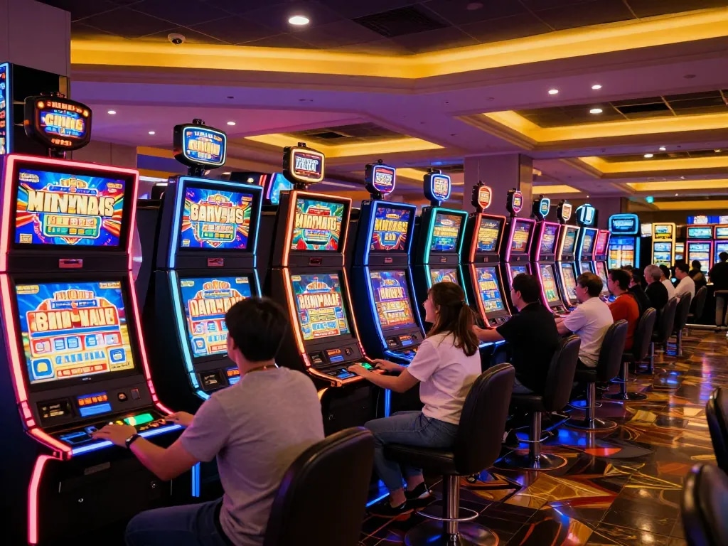 Players spinning slot machines in an energetic casino setting with vibrant neon lights.