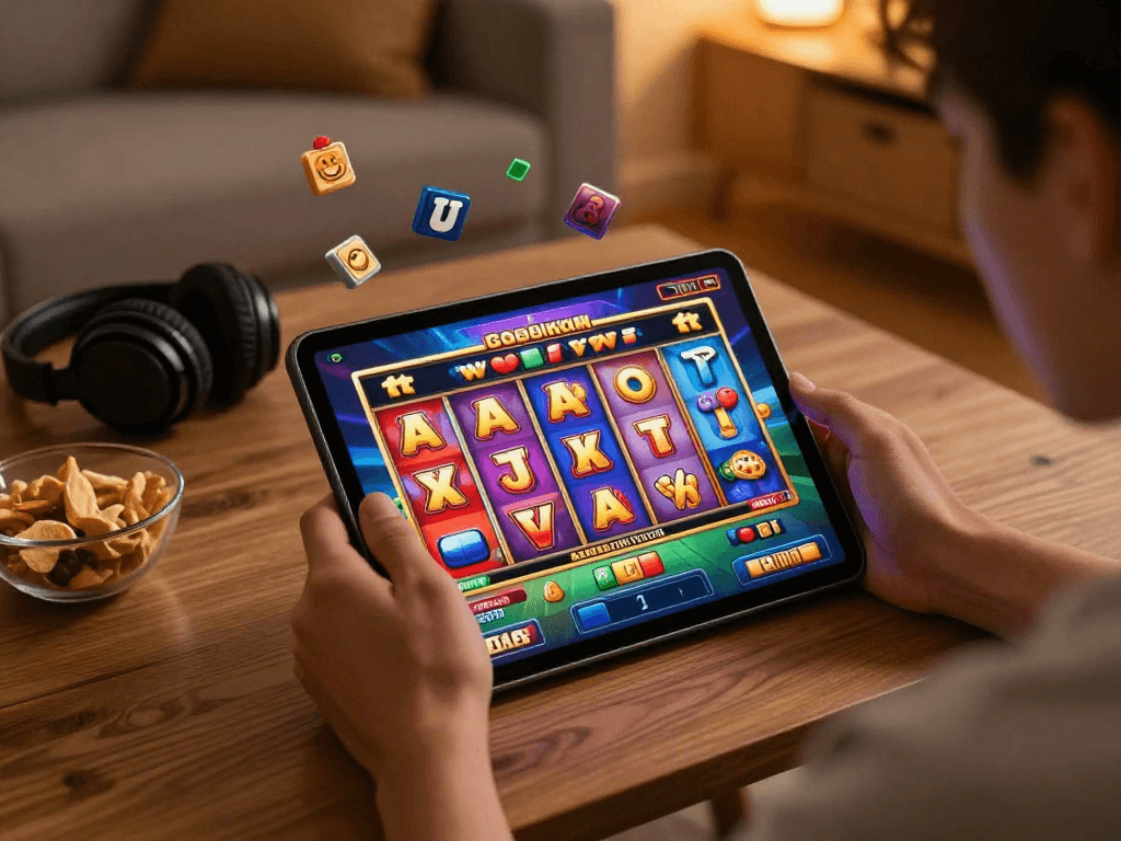 Engaging player enjoying rtp slot hari ini in a cozy gaming environment with colorful digital slot graphics.