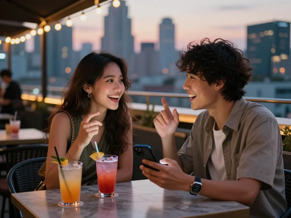 Young couple engaging in ai sexting on smartphones at a rooftop bar with city lights.